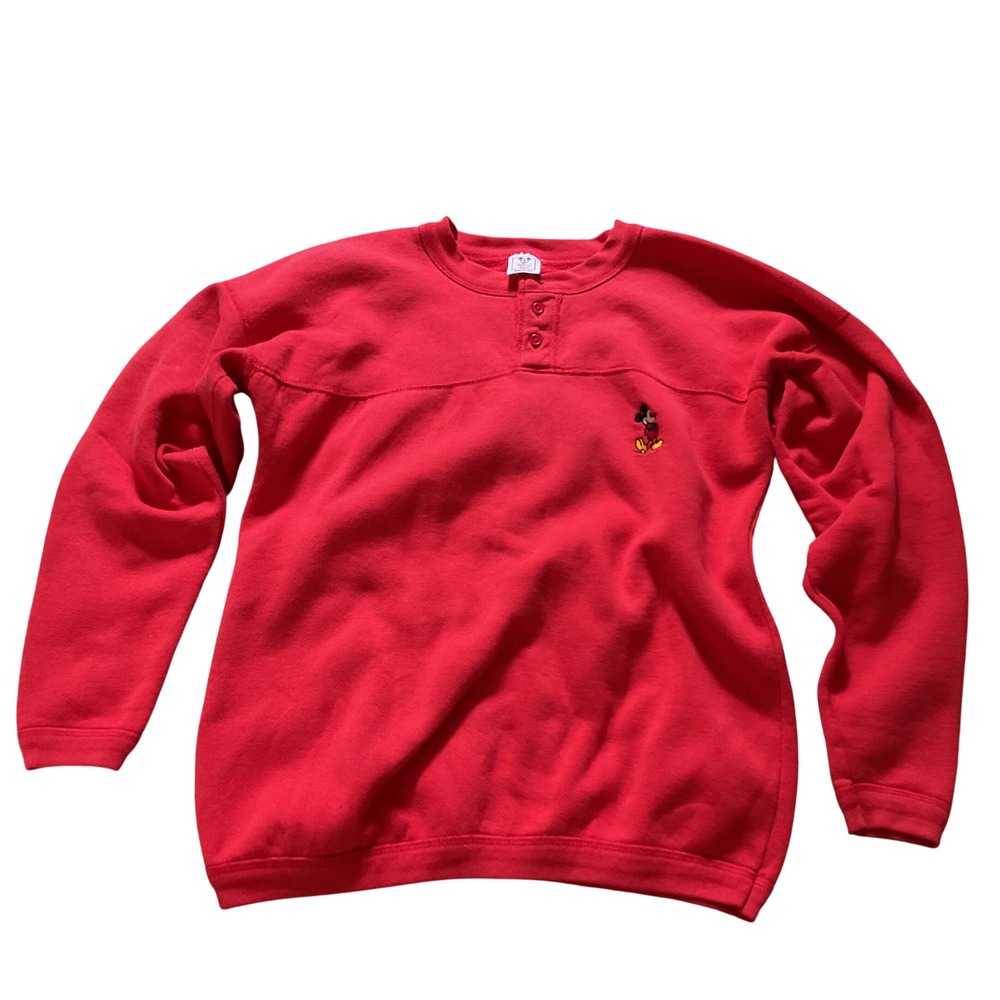 Vintage Disney Wear Mickey Mouse Henley Sweatshirt Red Made in USA Large